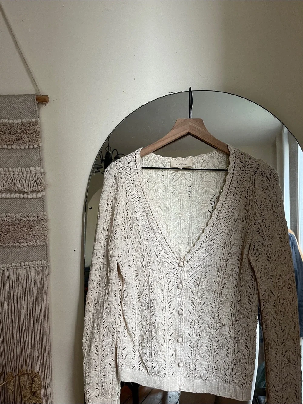 Sezane Cream Openwork V-Neck Button Cardigan